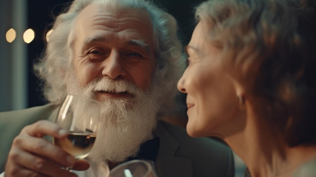 Zdjęcie Śmiejąc się i ciesząc się winem lub szampanem, świętując ślub szczęśliwej starszej pary. generatywna sztuczna inteligencja