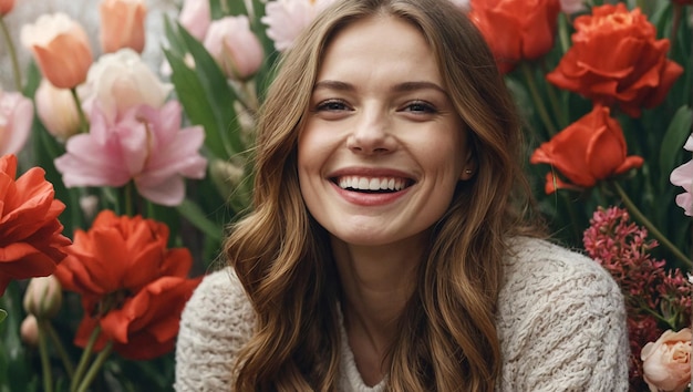 Śmiejąca się dziewczyna wśród kwiatów śmieje się bardzo głośno radosne pozytywne emocje