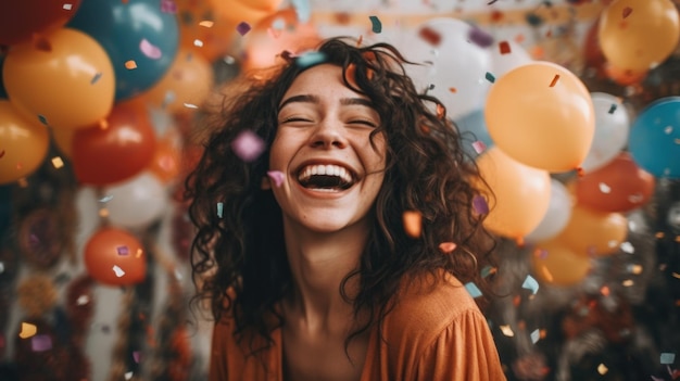 Zdjęcie Śmiejąca się kobieta otoczona balonami i konfetti generatywny ai obraz