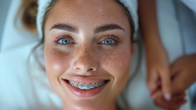 Zdjęcie Śmiejąca się kobieta z dużymi zębami na niebieskim tle