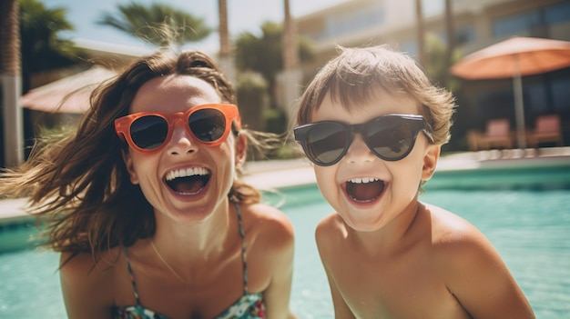 Śmiejąca się matka i córka w okularach przeciwsłonecznych bawią się w basenie na letnich wakacjach