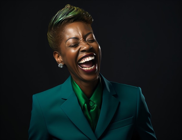 Śmiejąca się młoda afrykańska bizneswoman menedżer profesjonalny przywódca w nowoczesnym biurze