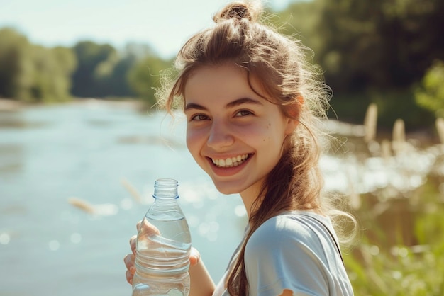 Śmiejąca się młoda kobieta pije wodę z butelki na tle parku i rzeki