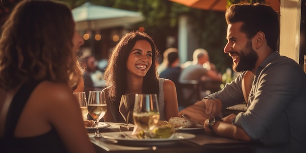 Śmiejący się przyjaciele obiadują na zewnątrz w restauracji w lecie Generative Ai