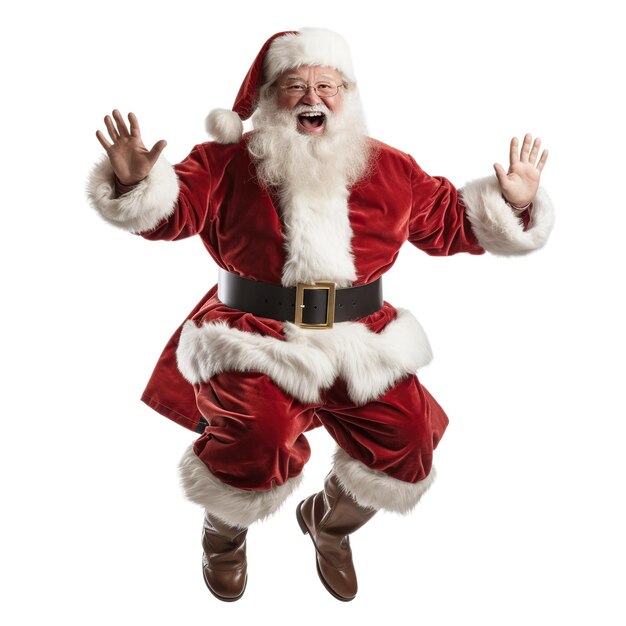 Śmiejący się Święty Mikołaj skaczący na białym lub przezroczystym tle Obraz wygenerowany przez AI