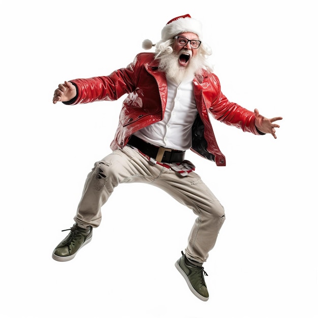 Śmiejący się Święty Mikołaj skaczący na białym lub przezroczystym tle Wygenerowano sztuczną inteligencję