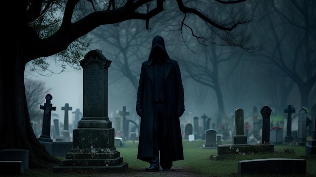 Śmierć w czarnym płaszczu na cmentarzu wśród grobów w nocy we mgle