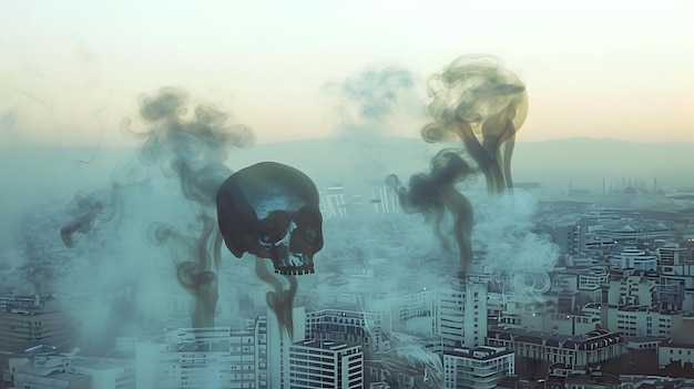 Śmiertelne czaszki dymu nad złowrogim krajobrazem miejskim, symbolizujące śmiertelny wpływ papierosów na zdrowie publiczne