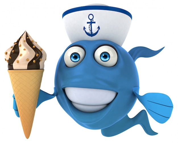 śmieszna ilustrowana błękitna ryba trzyma lody