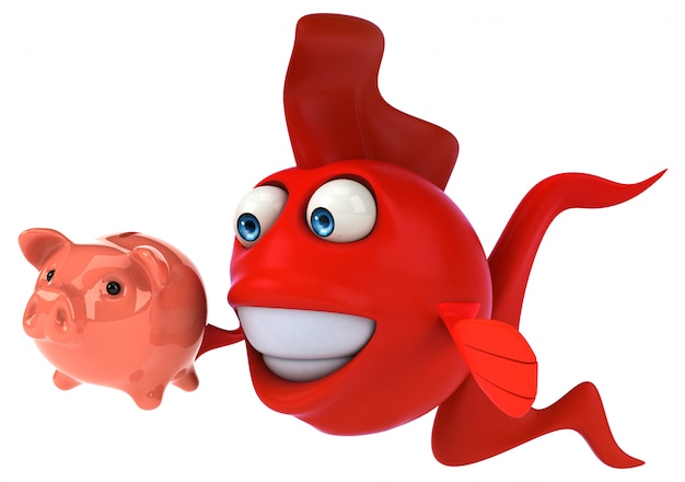 śmieszna ilustrowana czerwona ryba trzyma skarbonkę
