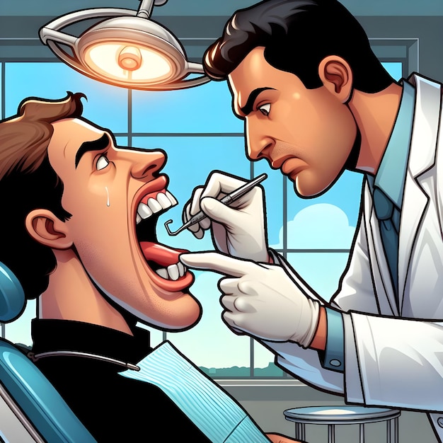Śmieszna karykatura sceny dentystów wyciągających zęby pacjentów w sylwetce