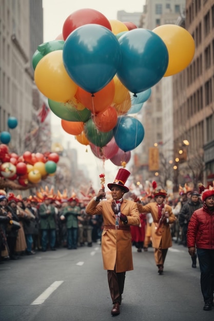 Zdjęcie Śmieszna parada dziękczynienia kolorowe płotki i olbrzymie balony