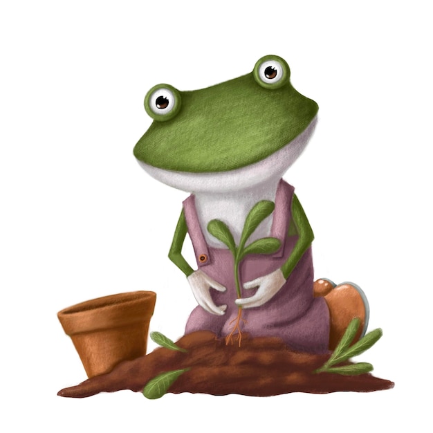 Śmieszna żaba w ogrodzie w stylu akwareli ilustracja lato clipart z postacią z kreskówek