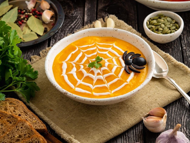 Śmieszne jedzenie na halloween puree z dyni zupa pajęcza sieć ciemny stary drewniany stół widok z boku