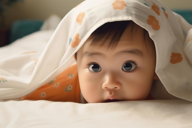 Śmieszne małe azjatyckie dziecko pod kołdrą w łóżku Portret uroczej uroczej twarzy noworodka wystającej spod prześcieradeł podbitymi oczami
