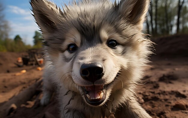 Śmieszne słodkie dziecko wilk selfie fotografii z bliska