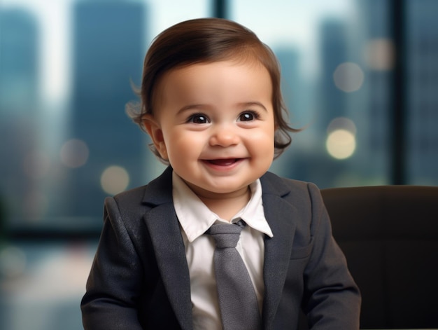 śmieszne szczęśliwe uśmiechnięte dziecko jako biznesmen nosić garnitur w biurze