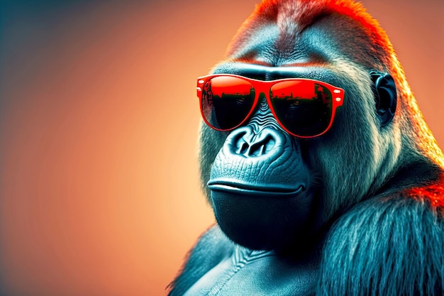 Śmieszny goryl z uśmiechniętą twarzą w czerwonych okularach przeciwsłonecznych