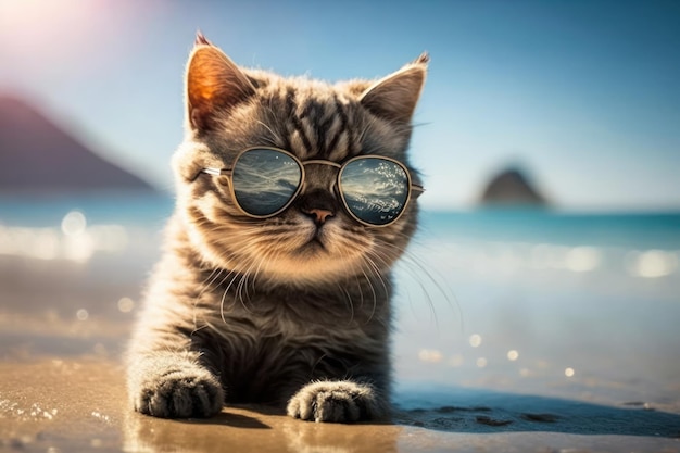 Śmieszny kotek w fajnych okularach przeciwsłonecznych odpoczywa na plaży Generacyjna sztuczna inteligencja