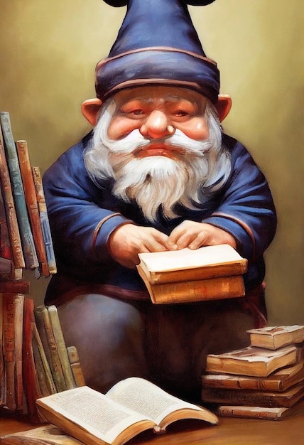 Śmieszny mały karzeł w ogromnym kapeluszu Krasnoludek czyta książki w bibliotece