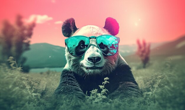 Śmieszny miś panda z okularami przeciwsłonecznymi w przyrodzie Nadchodzi wiosna Generacyjna sztuczna inteligencja