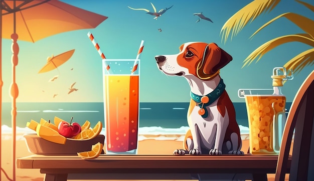 Śmieszny pies pije koktajle w barze Plaża oceaniczna Generatywna sztuczna inteligencja
