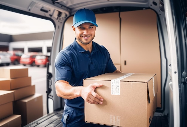 Zdjęcie smiling delivery man unloading boxes from a delivery van represents friendly service and the