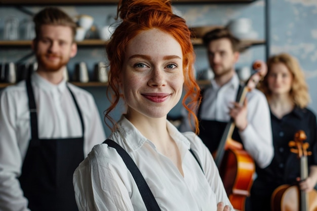 Zdjęcie smiling person young standing together portrait of staff inside modern job smiling to camera