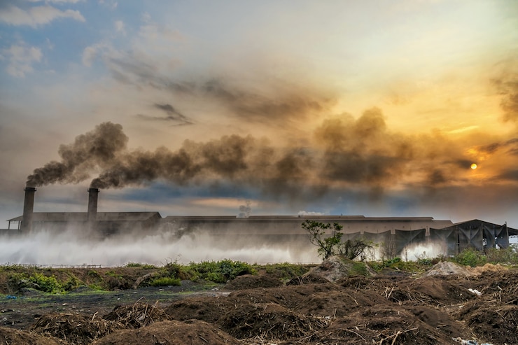 Zdjęcie smokestack fabryka z czerń dymem nad niebem z chmurą