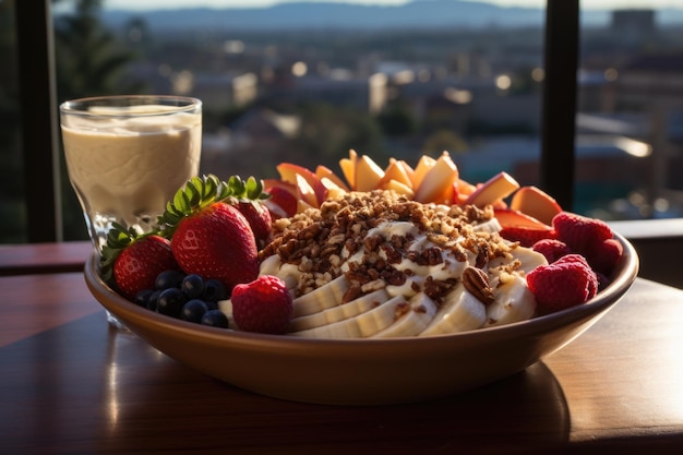 Smoothie Bowl ozdobiony owocami i granolą podawany na słonecznym balkonie generatywny IA