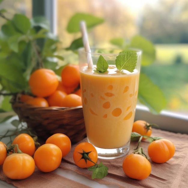 Smoothie Physalis lassi milkshake z zmieloną wiśnią w studyjnej restauracji z ogrodem