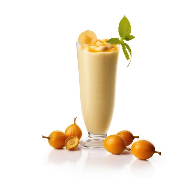 Smoothie Physalis lassi milkshake z zmielonymi owocami wiśni w odosobnionym białym tle studio strzał