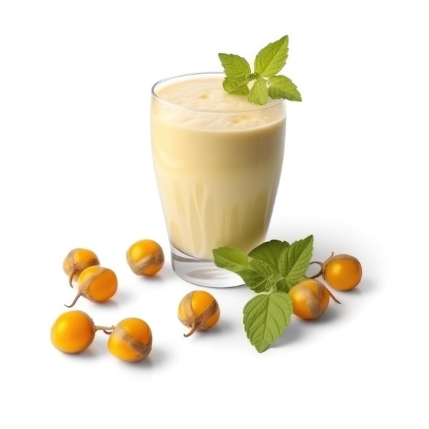 Smoothie Physalis lassi milkshake z zmielonymi owocami wiśni w odosobnionym białym tle studio strzał