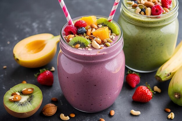 Smoothie wykonane z różnorodnych świeżych owoców i warzyw z dodatkiem orzechów i nasion