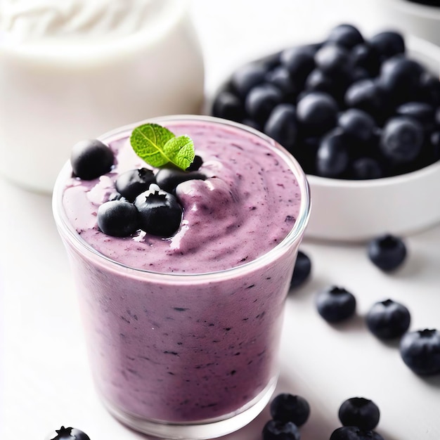 Smoothie z borówek wykonane z świeżych organicznych borówek i zwykłego jogurtu na białym stole