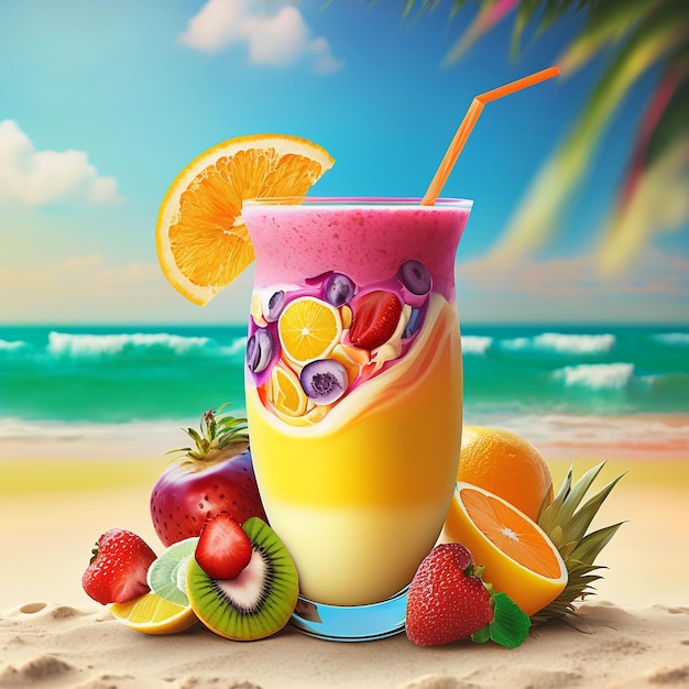 Smoothie z owoców tropikalnych na plaży Generatywne ai