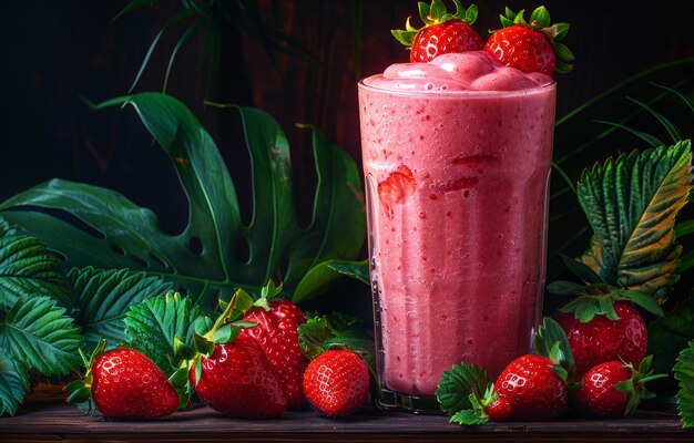 Smoothie z truskawek w wysokim szklance i świeże truskawki na ciemnym tle