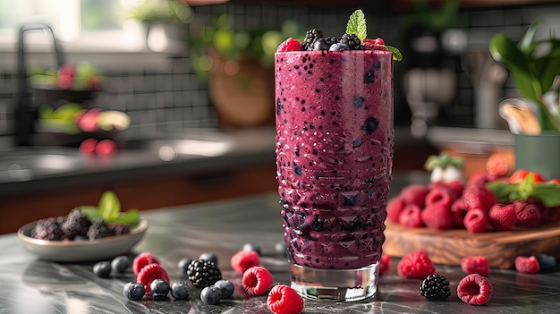 Zdjęcie smoothie z warstwami jagód, malin i jagód