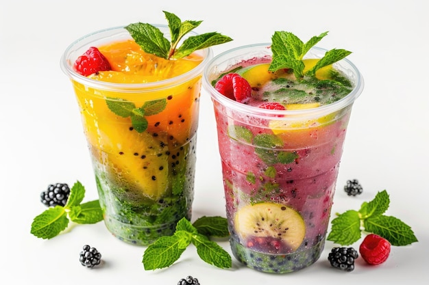 Smoothies owocowe w plastikowych kubkach z smakiem mojito i jagód