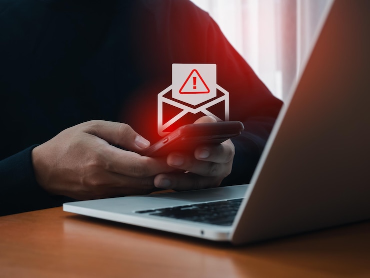 SMS spam i fałszywe wiadomości tekstowe phishing od oszustów koncepcja SMS zhakowany ostrzeżenie e-mail hacking oszustwo szkodliwe oprogramowanie rozprzestrzenianie się wirusa na wiadomości ostrzeżenie wirtualne na ekranie telefonu komórkowego w rękach człowieka