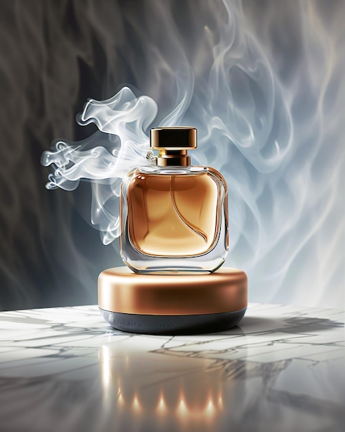 Smukła i krótka butelka perfum na okrągłej marmurowej platformie otoczonej dymem przed miękkim