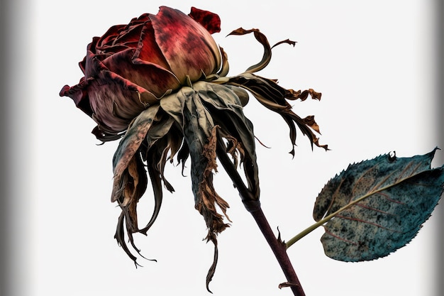 Smutna czerwona róża wysuszona i starzejąca się z czasem w zbliżeniu i szczegółach na romantyczne tło