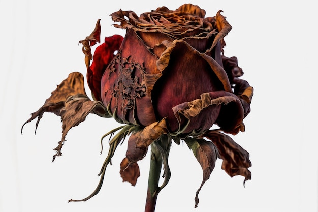 Smutna czerwona róża wysuszona i starzejąca się z czasem w zbliżeniu i szczegółach na romantyczne tło
