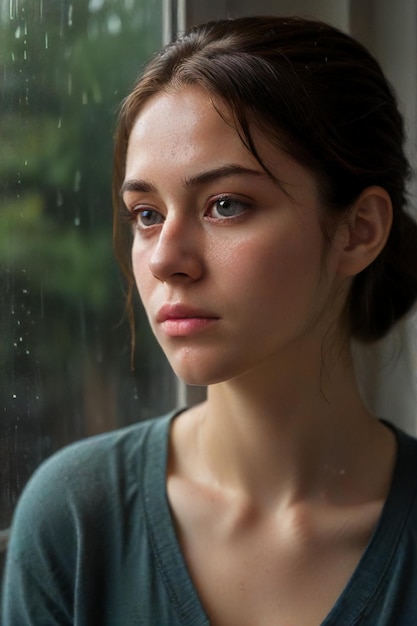 Smutna deszczowa scena Wyraźny portret smutnej kobiety przy oknie generowany przez sztuczną inteligencję