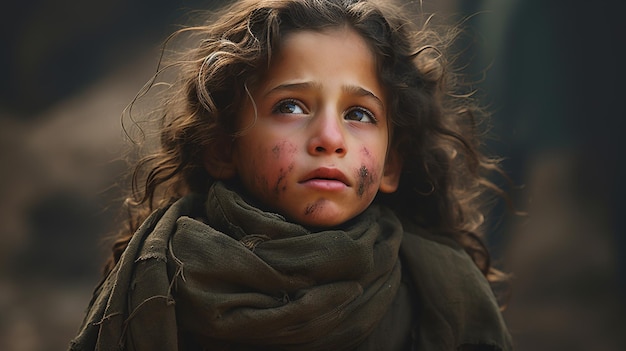 Zdjęcie smutna dziewczynka, która stała się ofiarą klęski żywiołowej lub wojny w palestynie