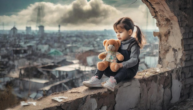 smutna dziewczynka z lalką w ręku siedząca na dziurze w ścianie budynku miasta wojny