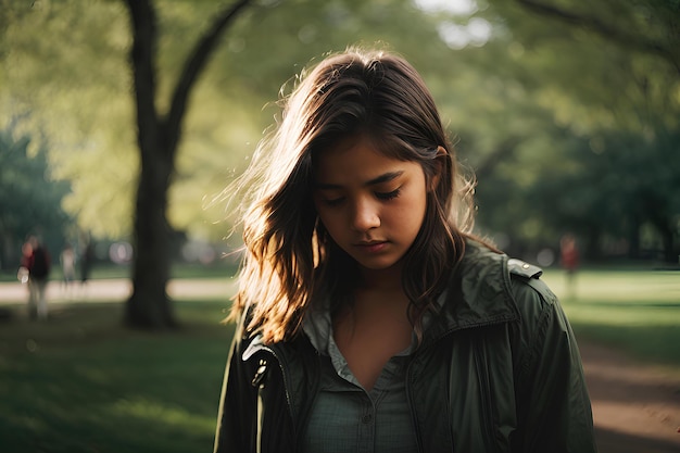 Smutna nastolatka sama w parku z opadającą głową koncepcja zdrowia psychicznego dzieci