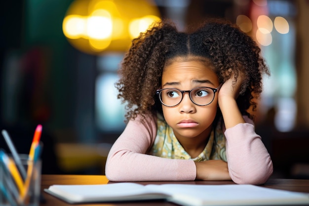 Smutna, nieszczęśliwa afroamerykańska uczennica siedząca przy biurku