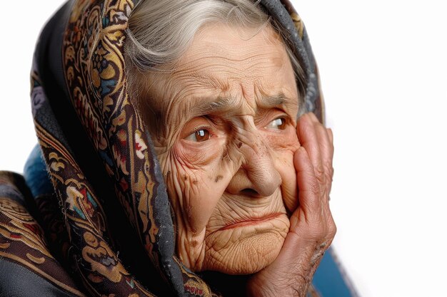 Zdjęcie smutna stara kobieta z łzami spływającymi po policzku na białym tle