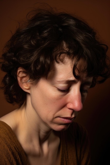 Smutna twarz i portret kobiety w studiu odizolowanym na brązowym tle z powodu depresji